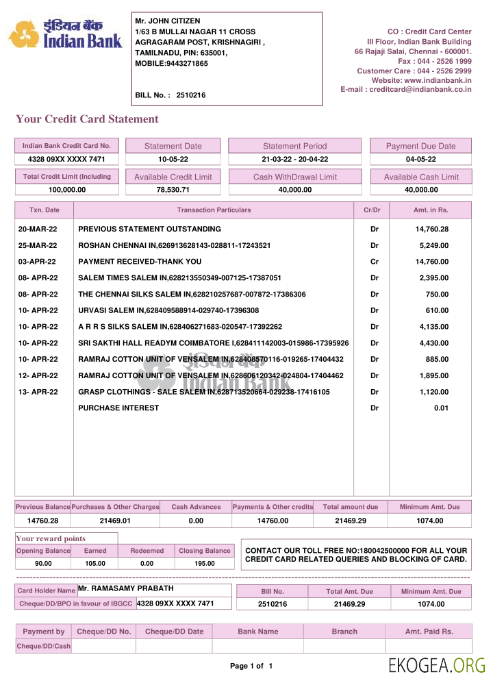 Inde Modèle de relevé de banque indienne, format Word et PDF, 2 pages